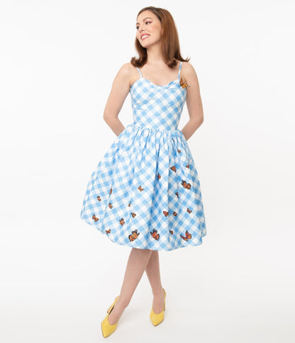 Unique Vintage Blue Gingham & Butterfly Darcy Swing Dress - Unique Vintage - Womens, DRESSES, SWING