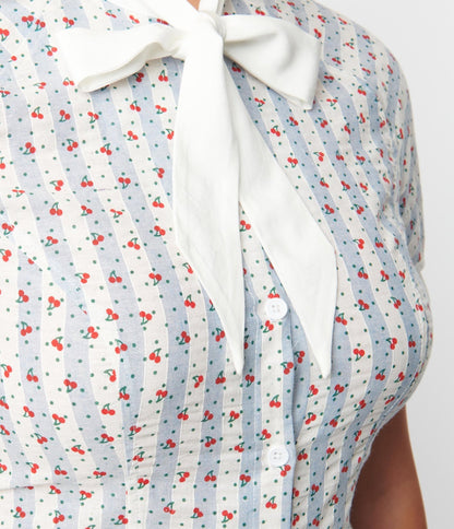 Unique Vintage Blue & White Cherry Stripe Bow Tie Chita Blouse - Unique Vintage - Womens, TOPS, WOVEN TOPS