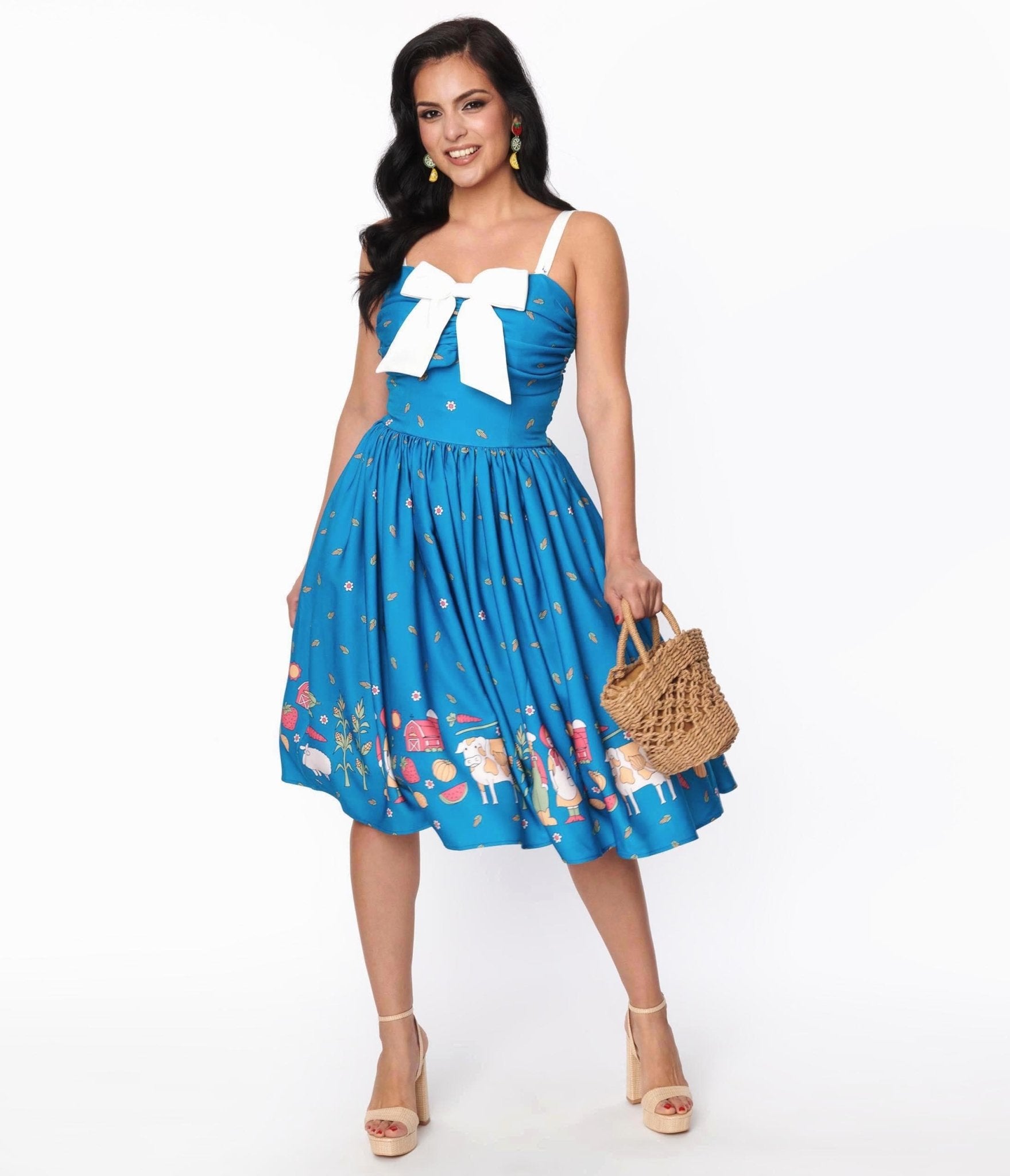 Unique Vintage Blue White Farm Border Golightly Swing Dress