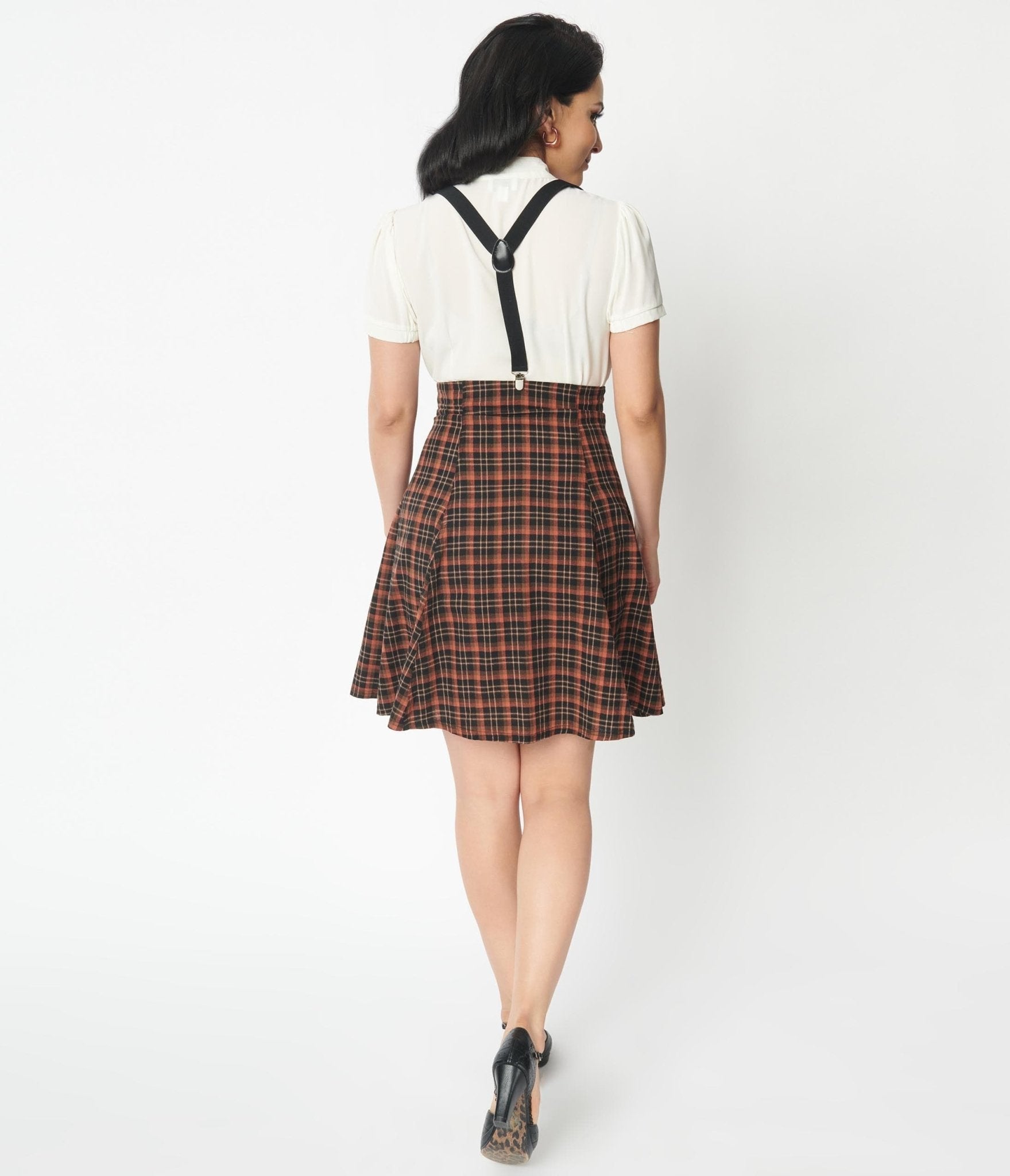 Retro Vintage Unique Vintage Brown Plaid Suspender Flare Skirt