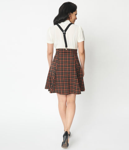 Unique Vintage Brown Plaid Suspender Flare Skirt - Unique Vintage - Womens, BOTTOMS, SKIRTS