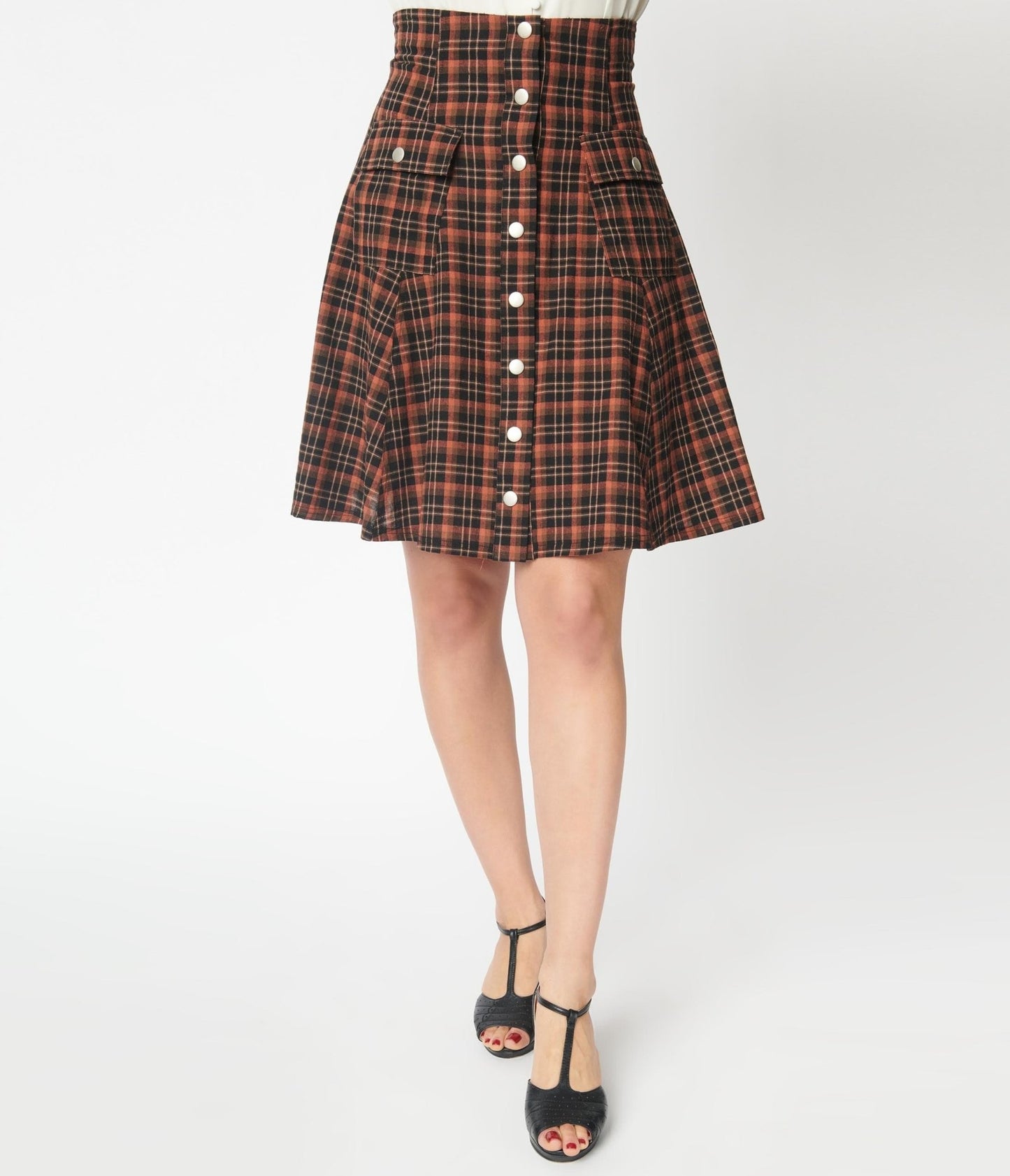 Unique Vintage Brown Plaid Suspender Flare Skirt - Unique Vintage - Womens, BOTTOMS, SKIRTS