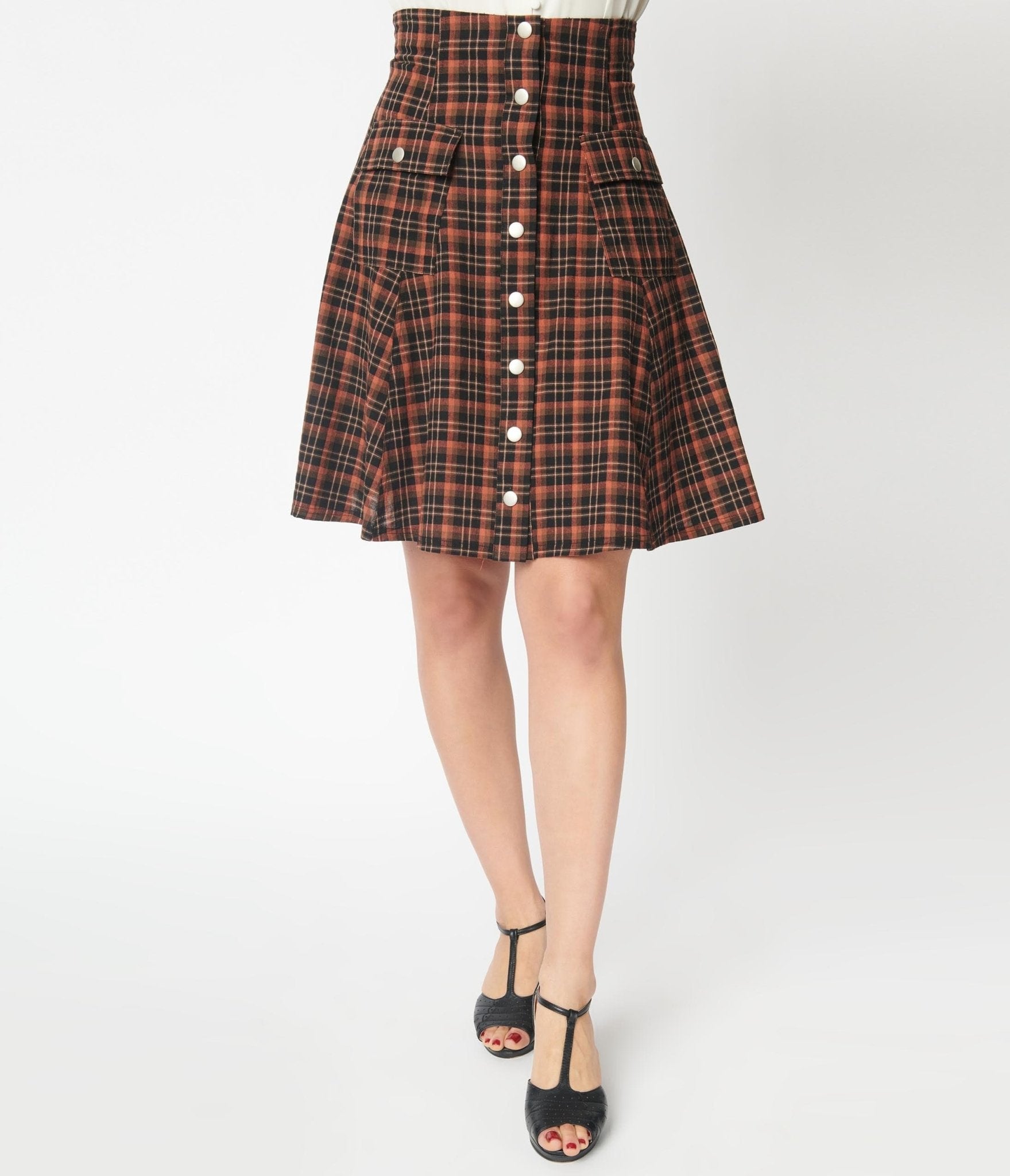 Unique Vintage Brown Plaid Suspender Flare Skirt - Unique Vintage - Womens, BOTTOMS, SKIRTS