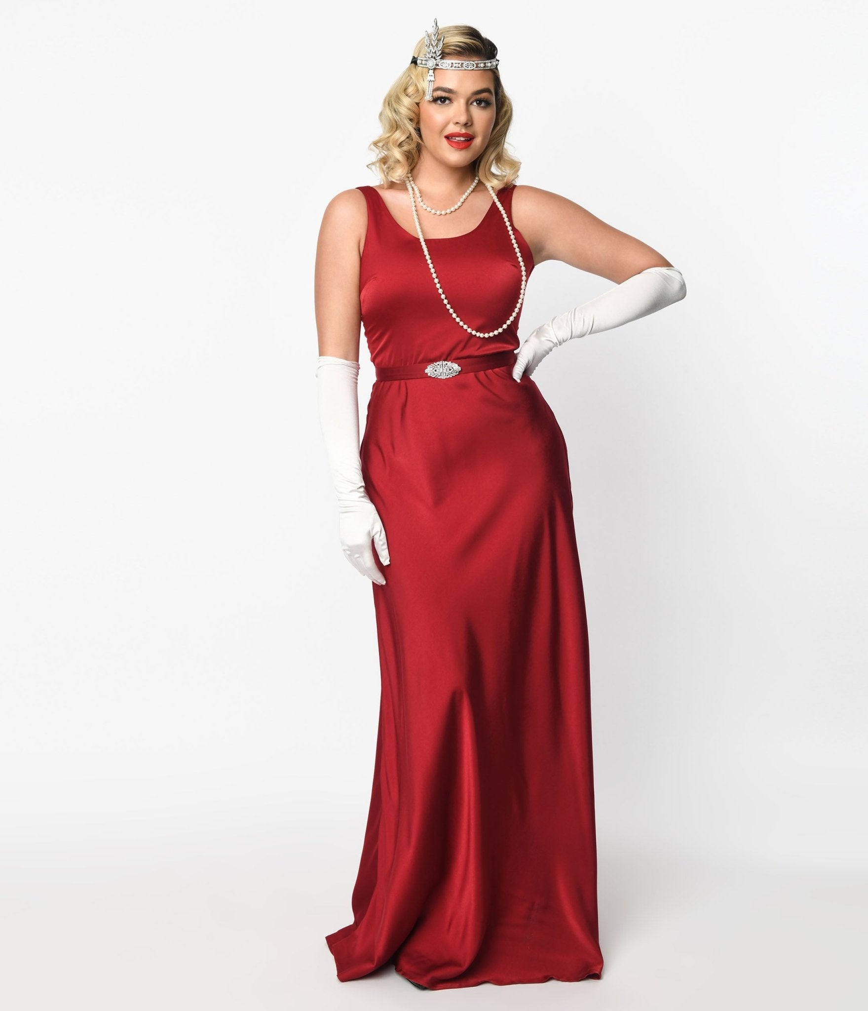 Unique Vintage Burgundy Belted Satin Gown - Unique Vintage - Womens, DRESSES, MAXI
