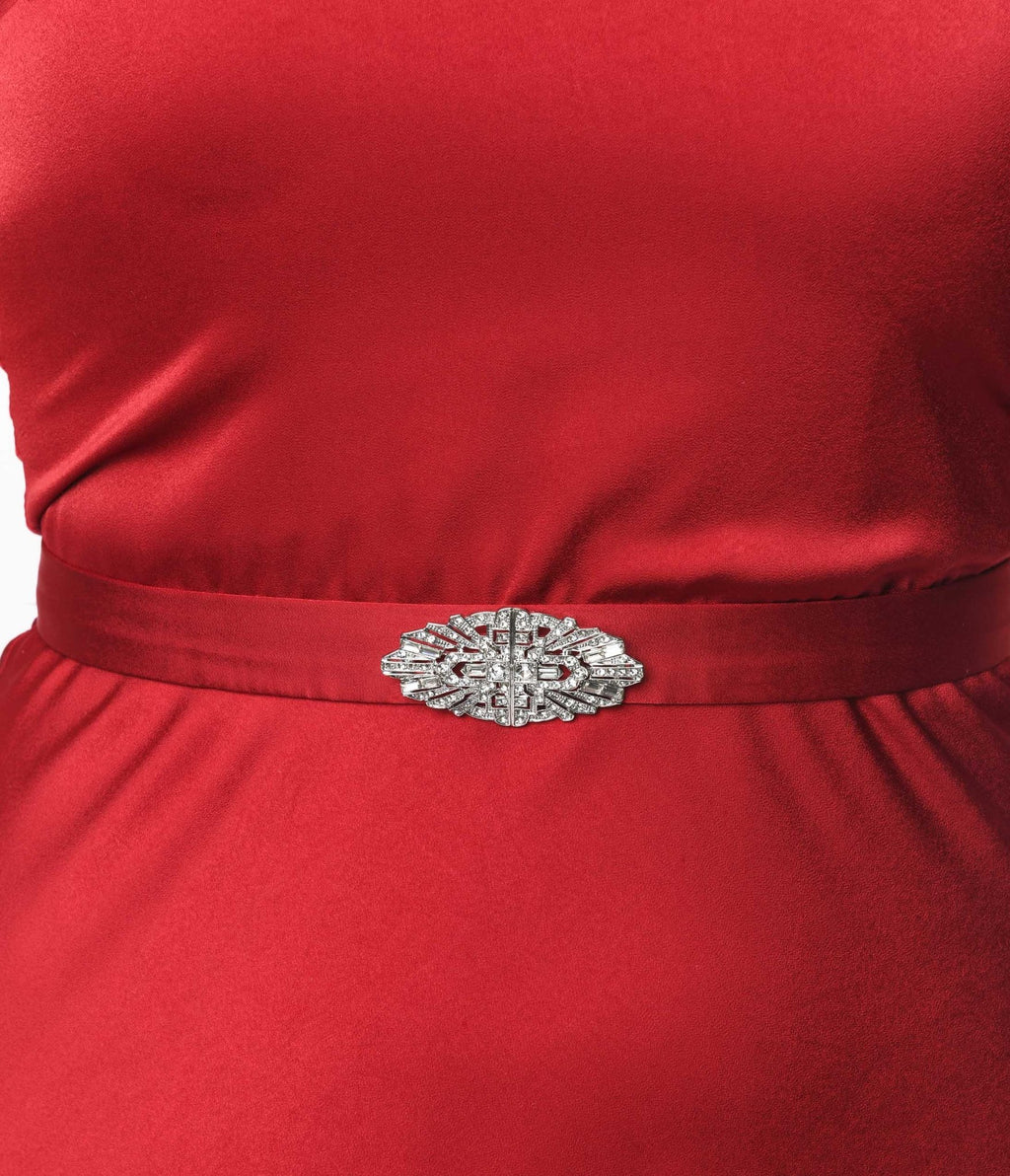 Unique Vintage Burgundy Belted Satin Gown - Unique Vintage - Womens, DRESSES, MAXI