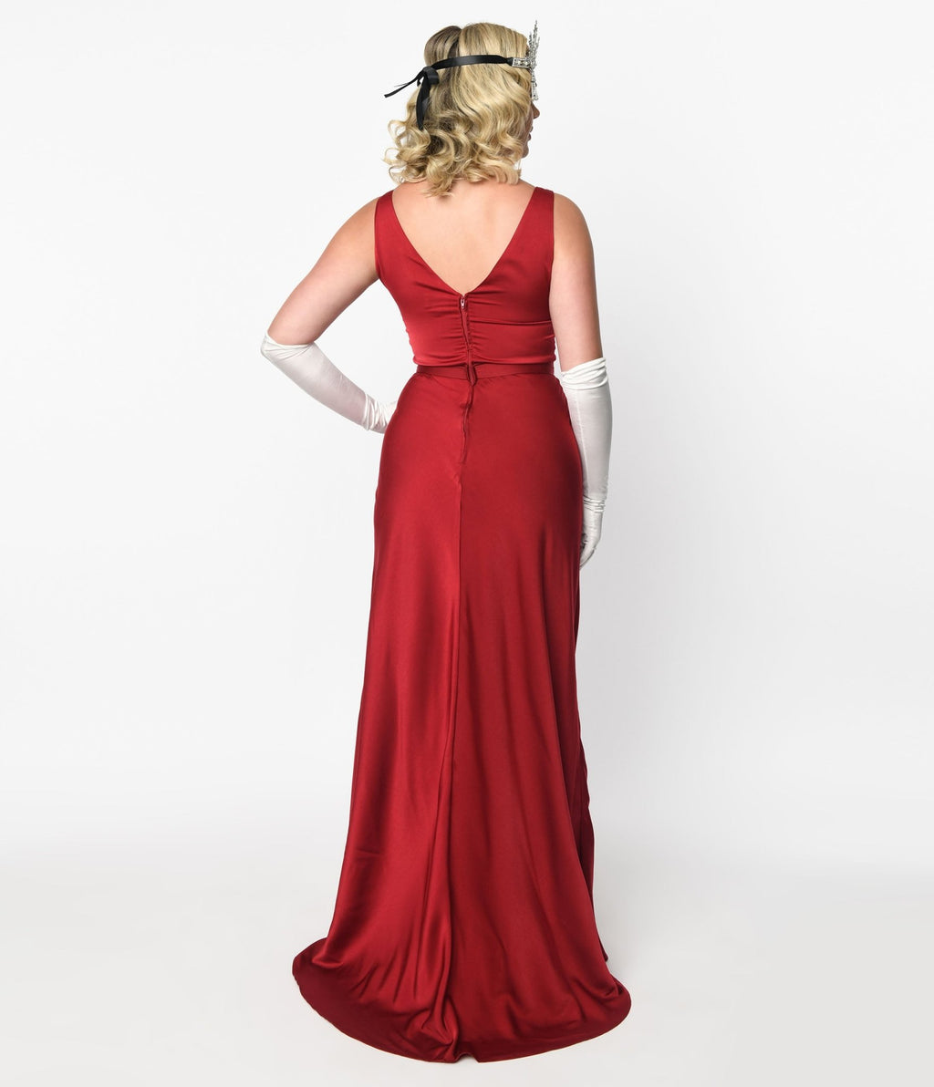 Unique Vintage Burgundy Belted Satin Gown - Unique Vintage - Womens, DRESSES, MAXI