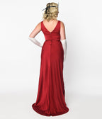 Unique Vintage Burgundy Belted Satin Gown - Unique Vintage - Womens, DRESSES, MAXI
