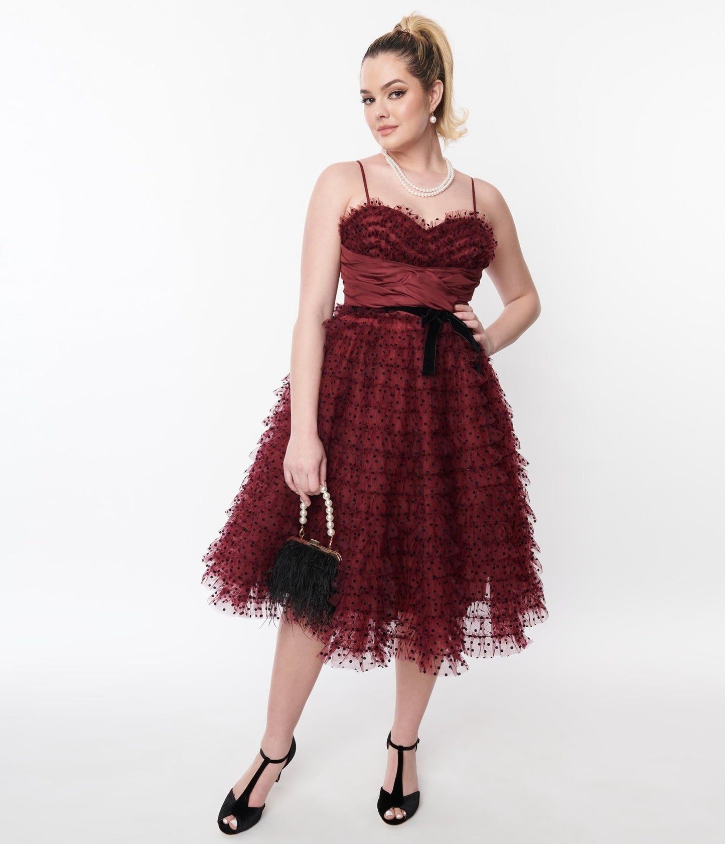 Unique Vintage Burgundy & Black Polka Dot Tulle Cupcake Swing Dress - Unique Vintage - Womens, DRESSES, PROM AND SPECIAL OCCASION