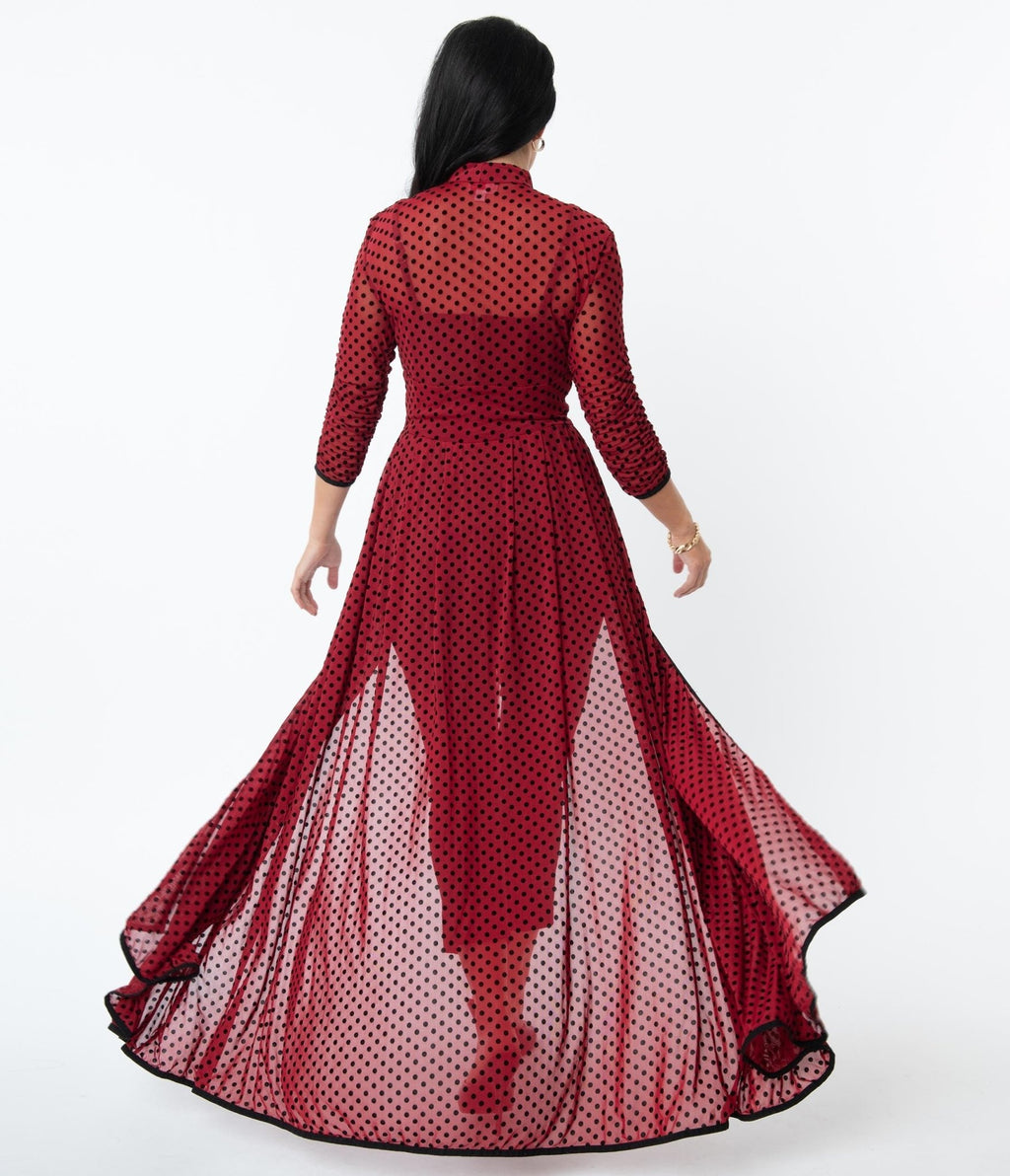 Unique Vintage Burgundy & Black Swiss Dots Tallullah Duster - Unique Vintage - Womens, DRESSES, MAXI