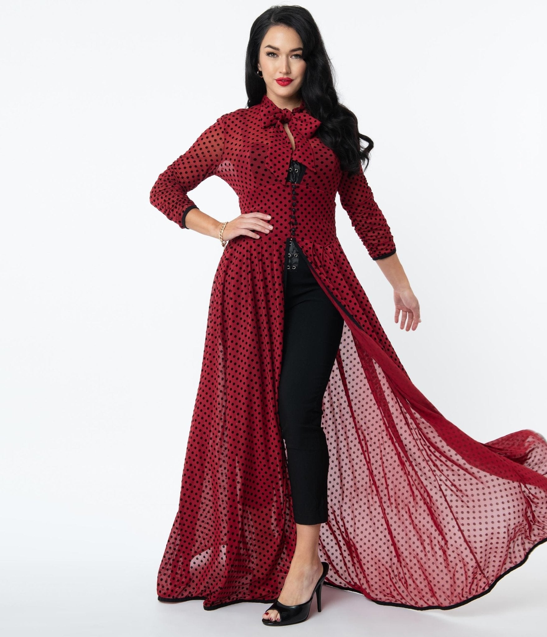 Unique Vintage Burgundy & Black Swiss Dots Tallullah Duster
