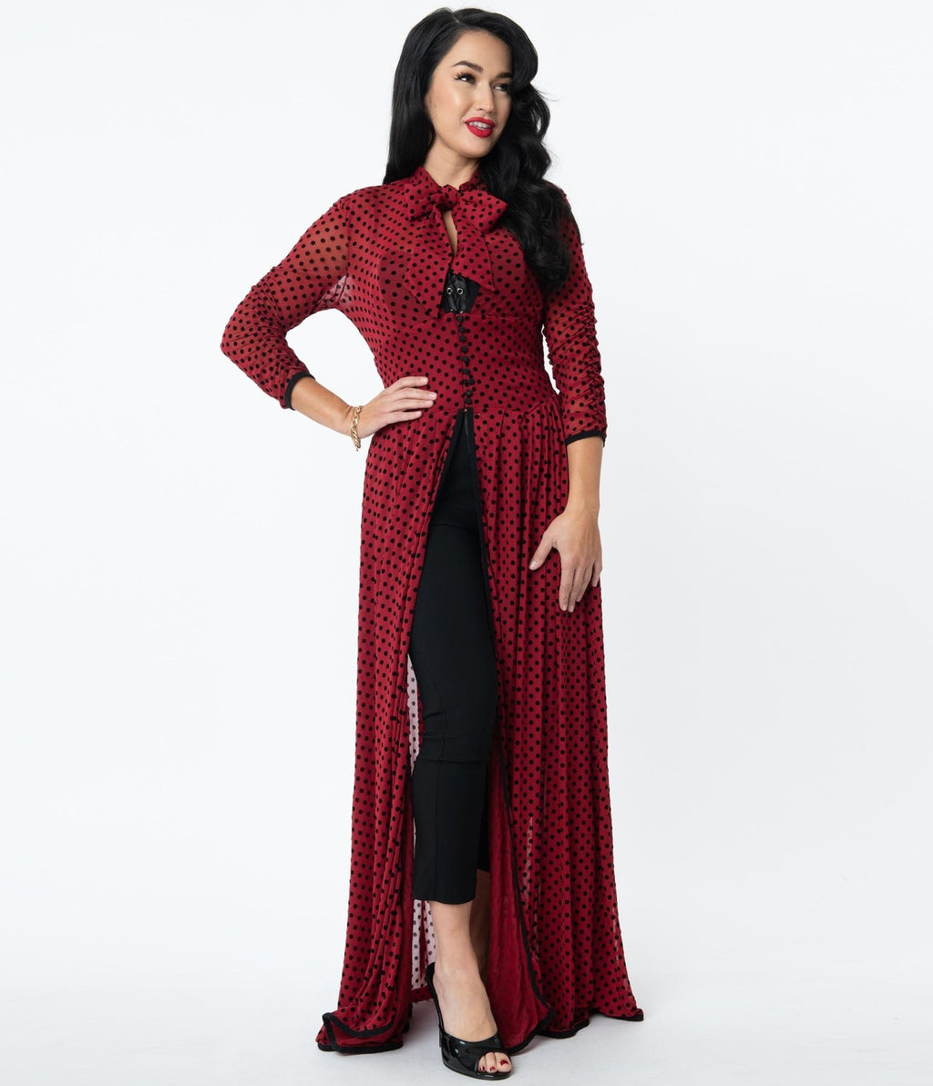 Unique Vintage Burgundy & Black Swiss Dots Tallullah Duster - Unique Vintage - Womens, DRESSES, MAXI