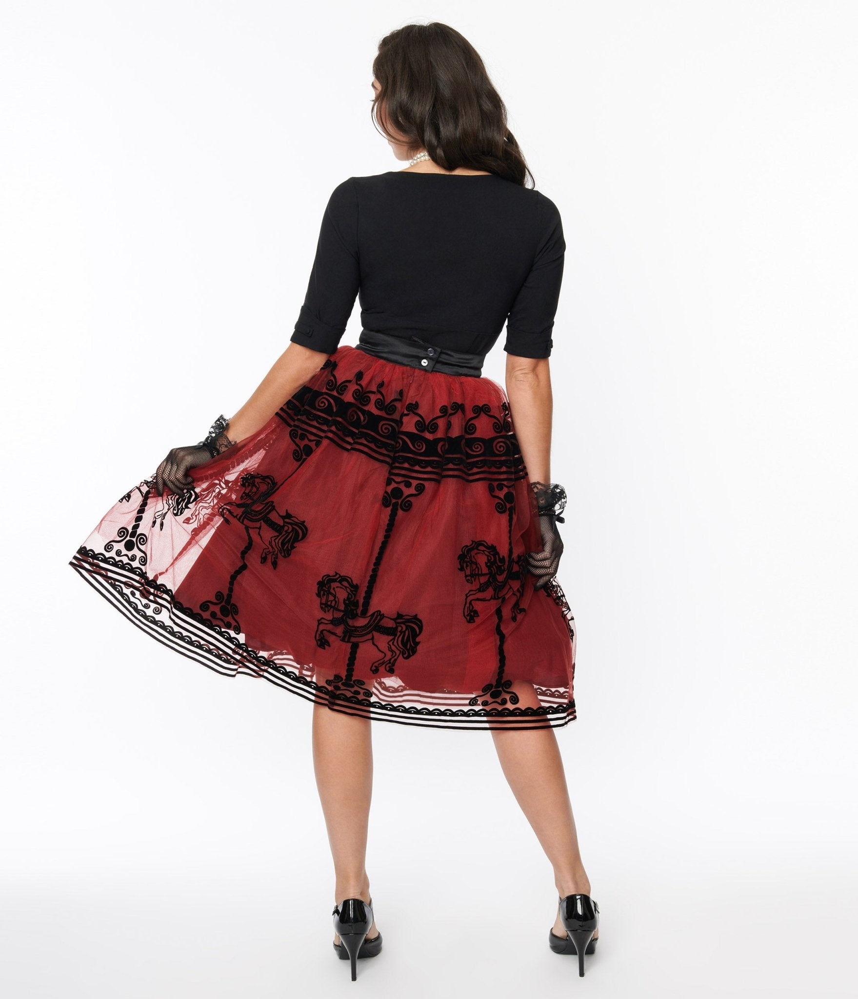 Unique Vintage Burgundy Carousel Brilliance Swing Skirt - Unique Vintage - Womens, BOTTOMS, SKIRTS