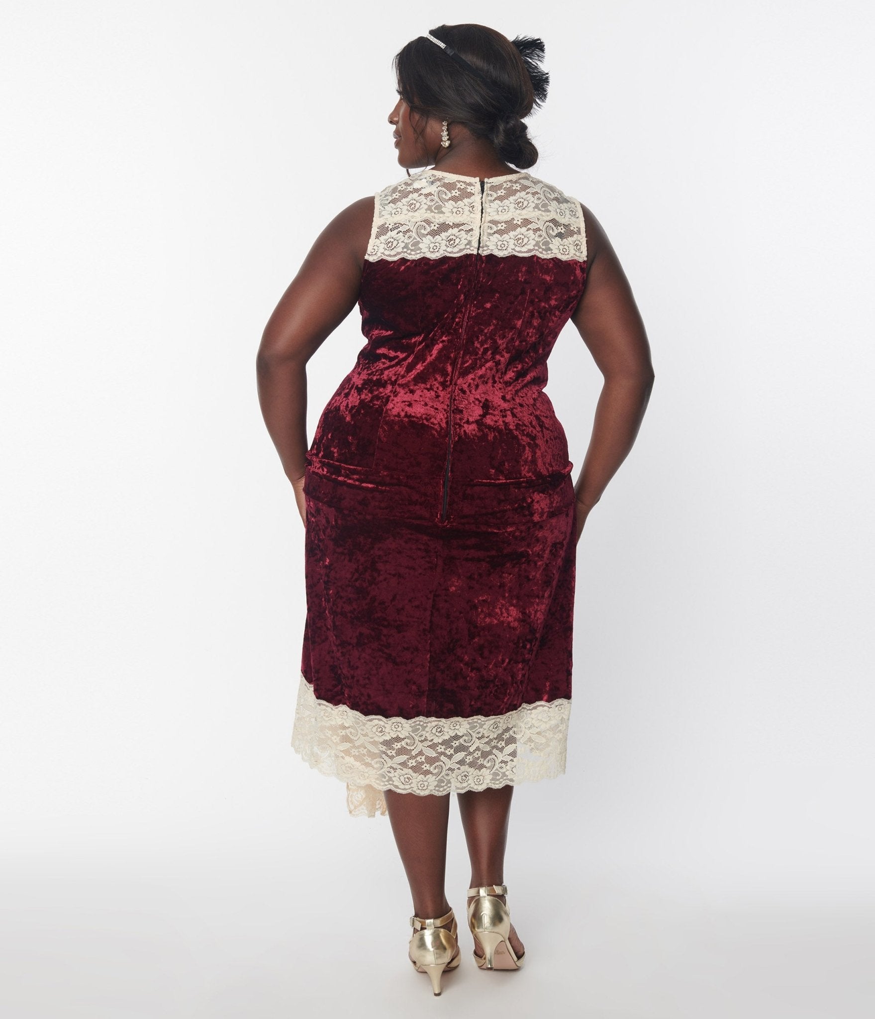 Unique Vintage Burgundy Crushed Velvet & Ivory Lace Flapper Dress - Unique Vintage - Womens, FLAPPER, SLEEVELESS NON BEADED