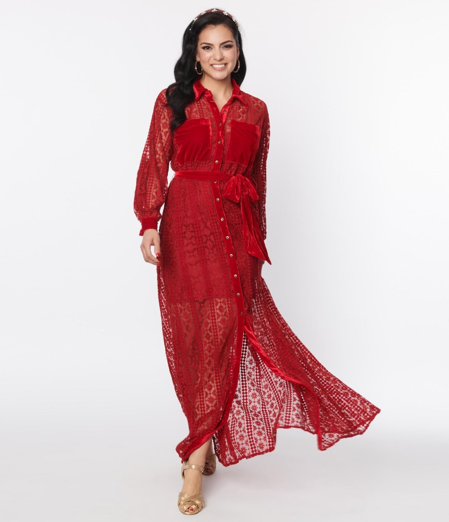 Unique Vintage Burgundy Lace Blanche Maxi Shirtdress - Unique Vintage - Womens, DRESSES, MAXI