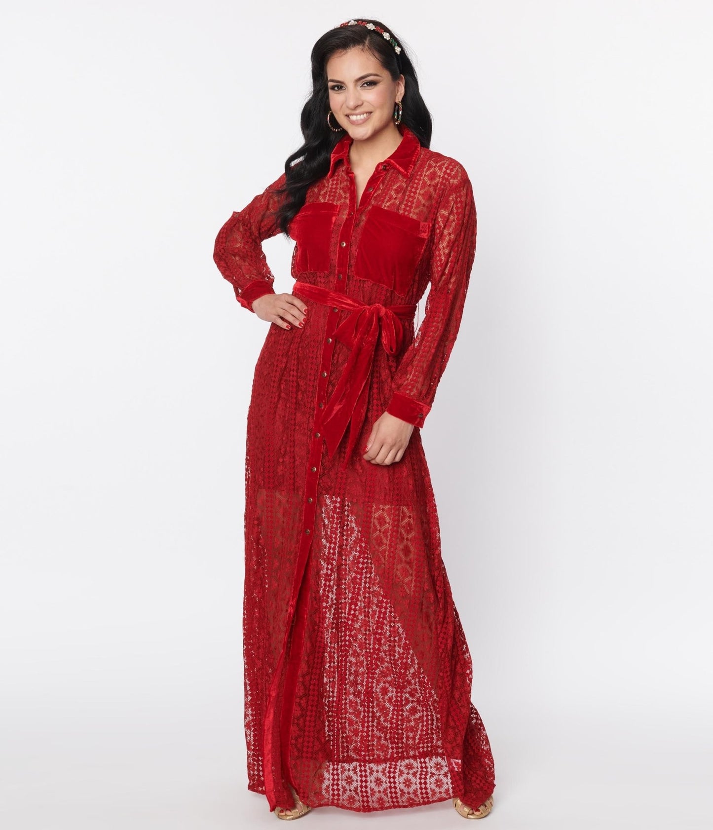 Unique Vintage Burgundy Lace Blanche Maxi Shirtdress - Unique Vintage - Womens, DRESSES, MAXI