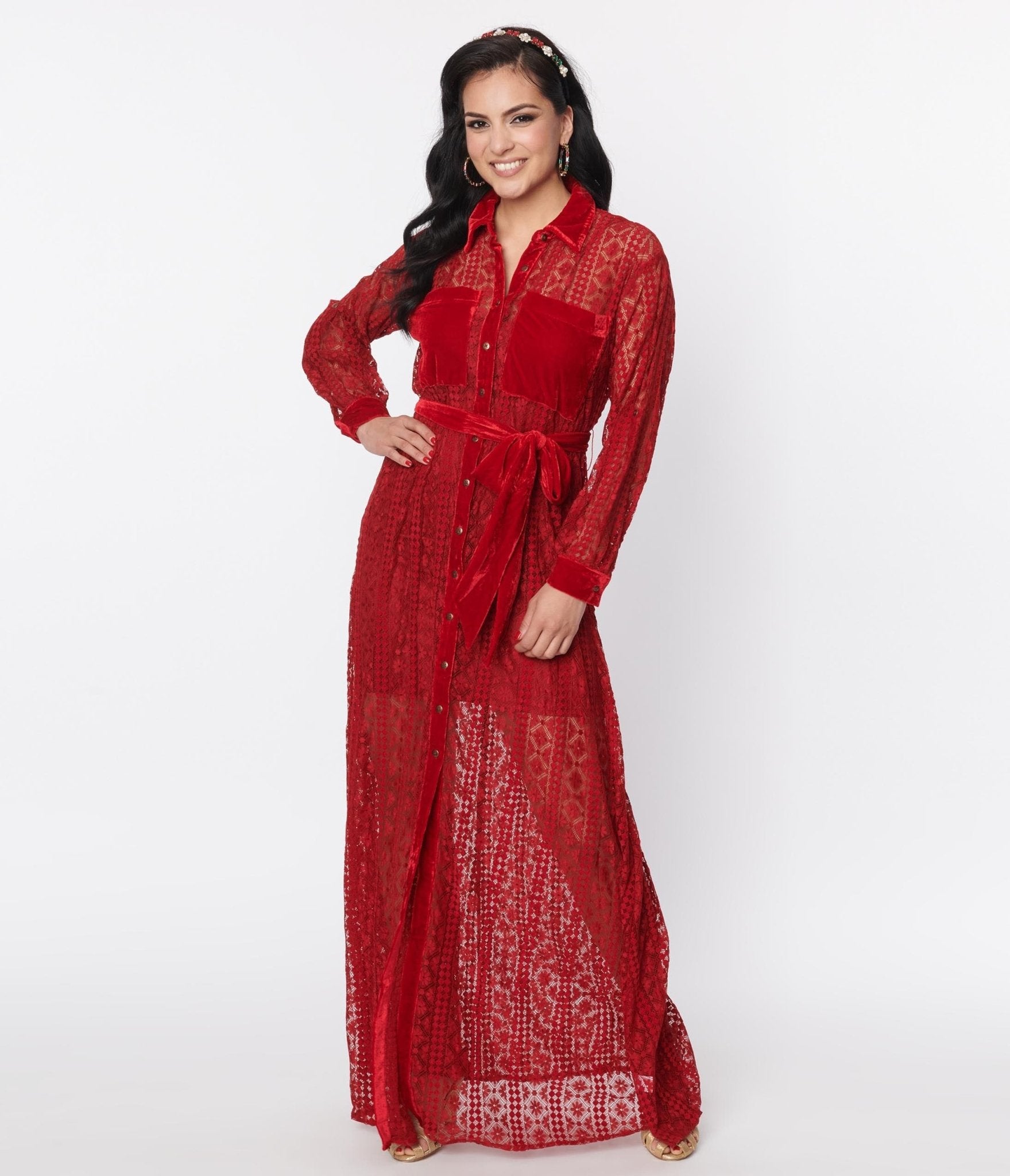Unique Vintage Burgundy Lace Blanche Maxi Shirtdress - Unique Vintage - Womens, DRESSES, MAXI