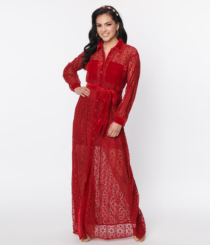 Unique Vintage Burgundy Lace Blanche Maxi Shirtdress - Unique Vintage - Womens, DRESSES, MAXI