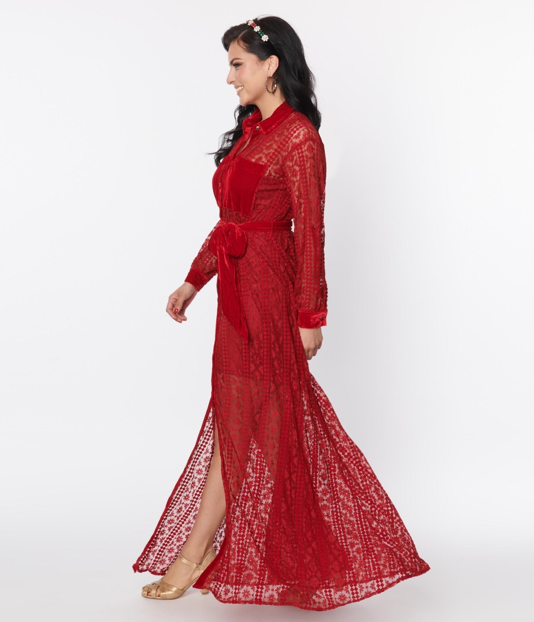Unique Vintage Burgundy Lace Blanche Maxi Shirtdress - Unique Vintage - Womens, DRESSES, MAXI