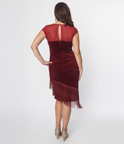 Unique Vintage Burgundy Velvet Fringe Flapper Dress - Unique Vintage - Womens, FLAPPER, SLEEVED NON BEADED