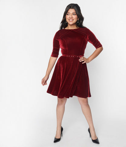 Unique Vintage Burgundy Velvet Stephanie Fit & Flare Dress - Unique Vintage - Womens, DRESSES, FIT AND FLARE