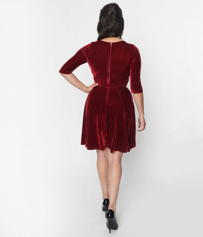 Unique Vintage Burgundy Velvet Stephanie Fit & Flare Dress - Unique Vintage - Womens, DRESSES, FIT AND FLARE