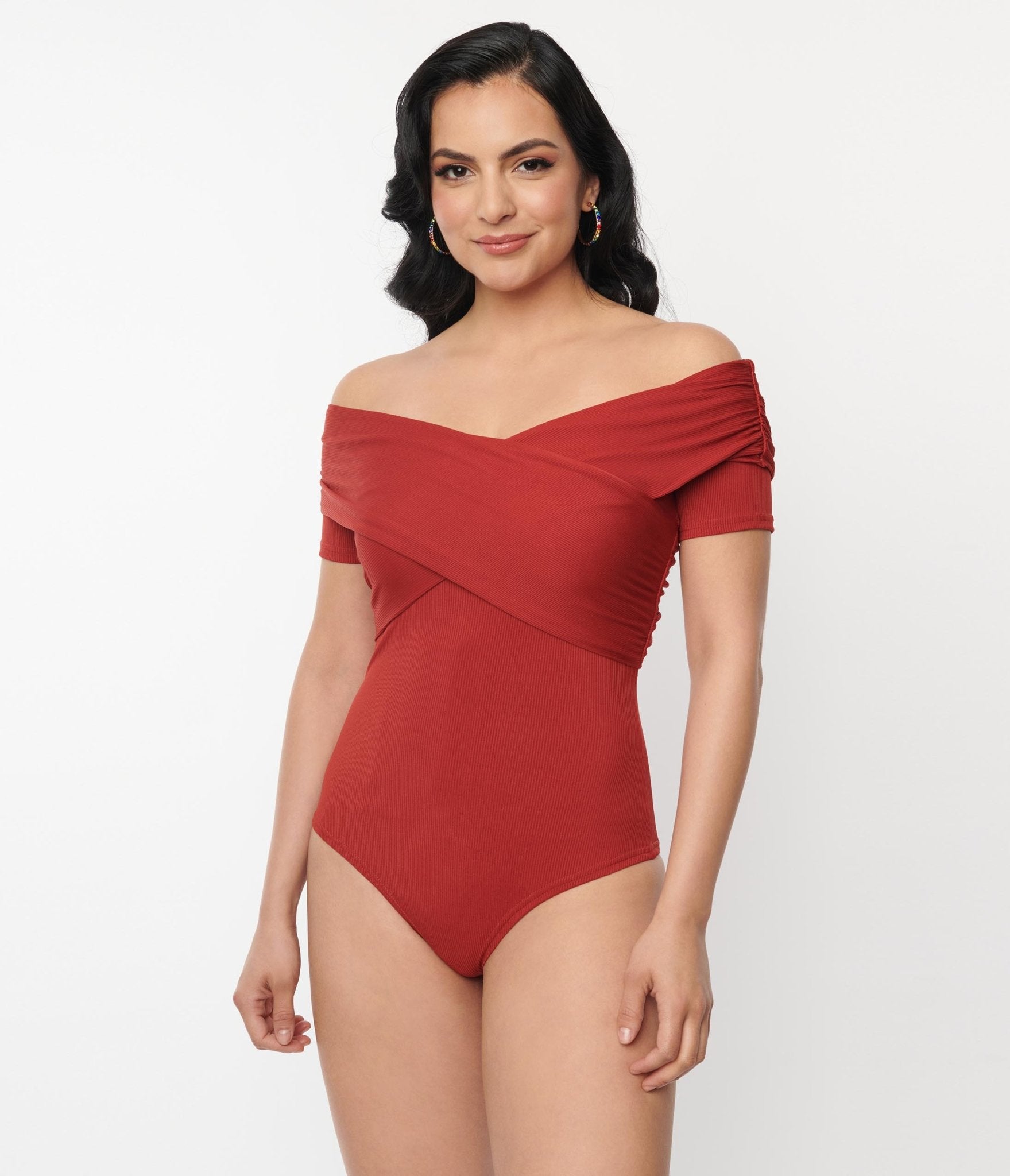 Unique Vintage Burnt Orange Off Shoulder Daydreamer Bodysuit - Unique Vintage - Womens, TOPS, BODYSUITS