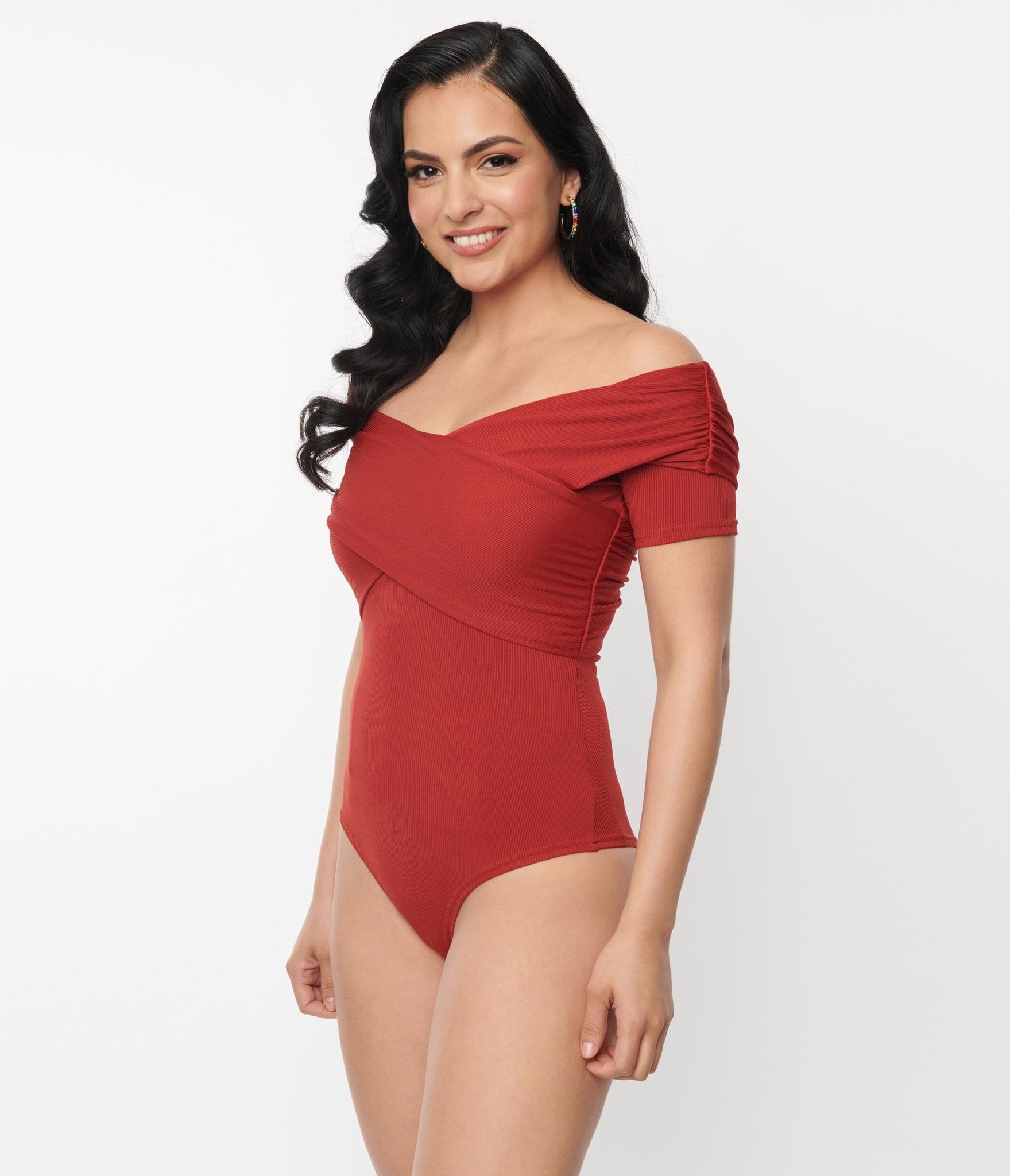 Unique Vintage Burnt Orange Off Shoulder Daydreamer Bodysuit - Unique Vintage - Womens, TOPS, BODYSUITS