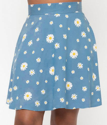 Unique Vintage Chambray & Daisy Print Briella Flare Skirt - Unique Vintage - Womens, BOTTOMS, SKIRTS