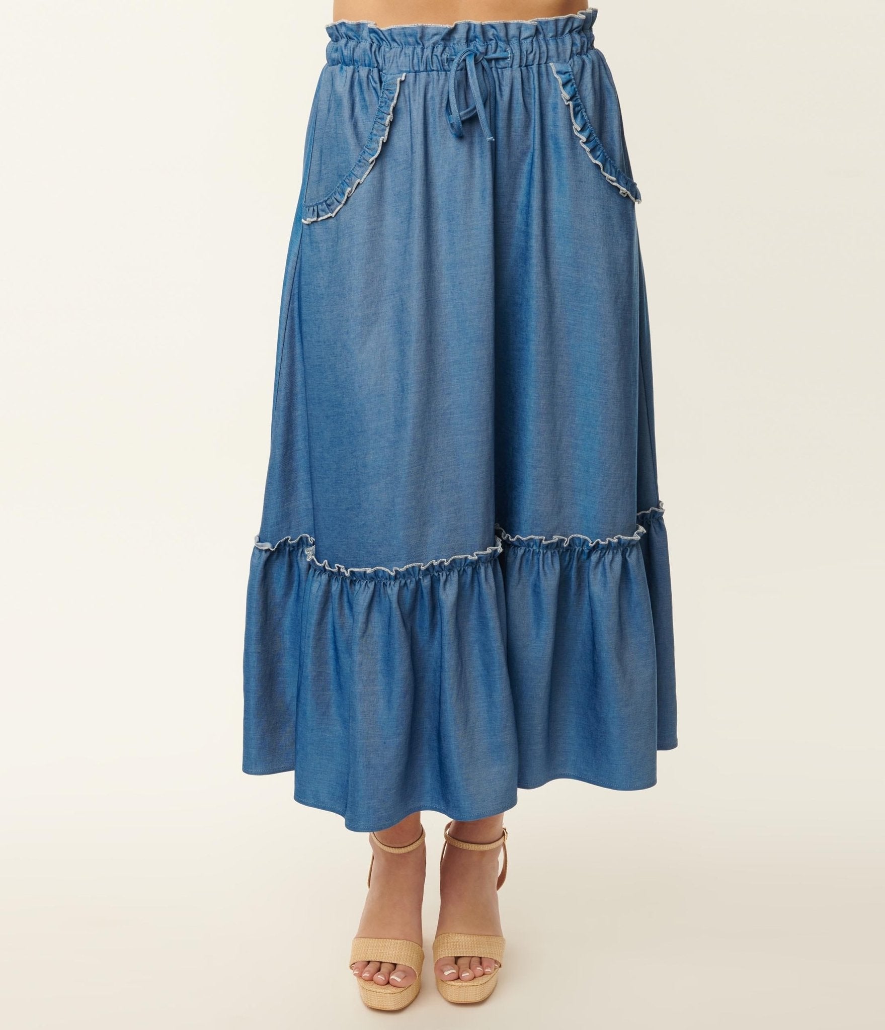 Unique Vintage Chambray Ruffle Tiered Midi Skirt - Unique Vintage - Womens, BOTTOMS, SKIRTS