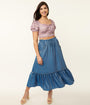 Unique Vintage 1970s Chambray Ruffle Tiered Midi Skirt
