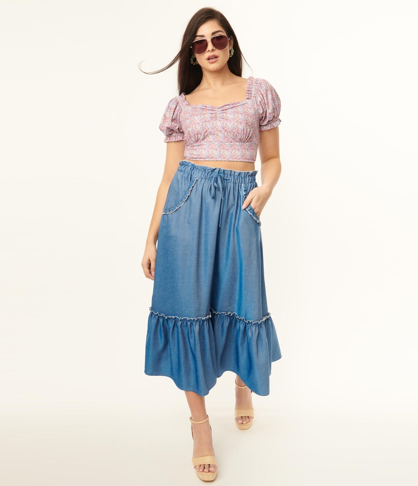 Unique Vintage Chambray Ruffle Tiered Midi Skirt - Unique Vintage - Womens, BOTTOMS, SKIRTS