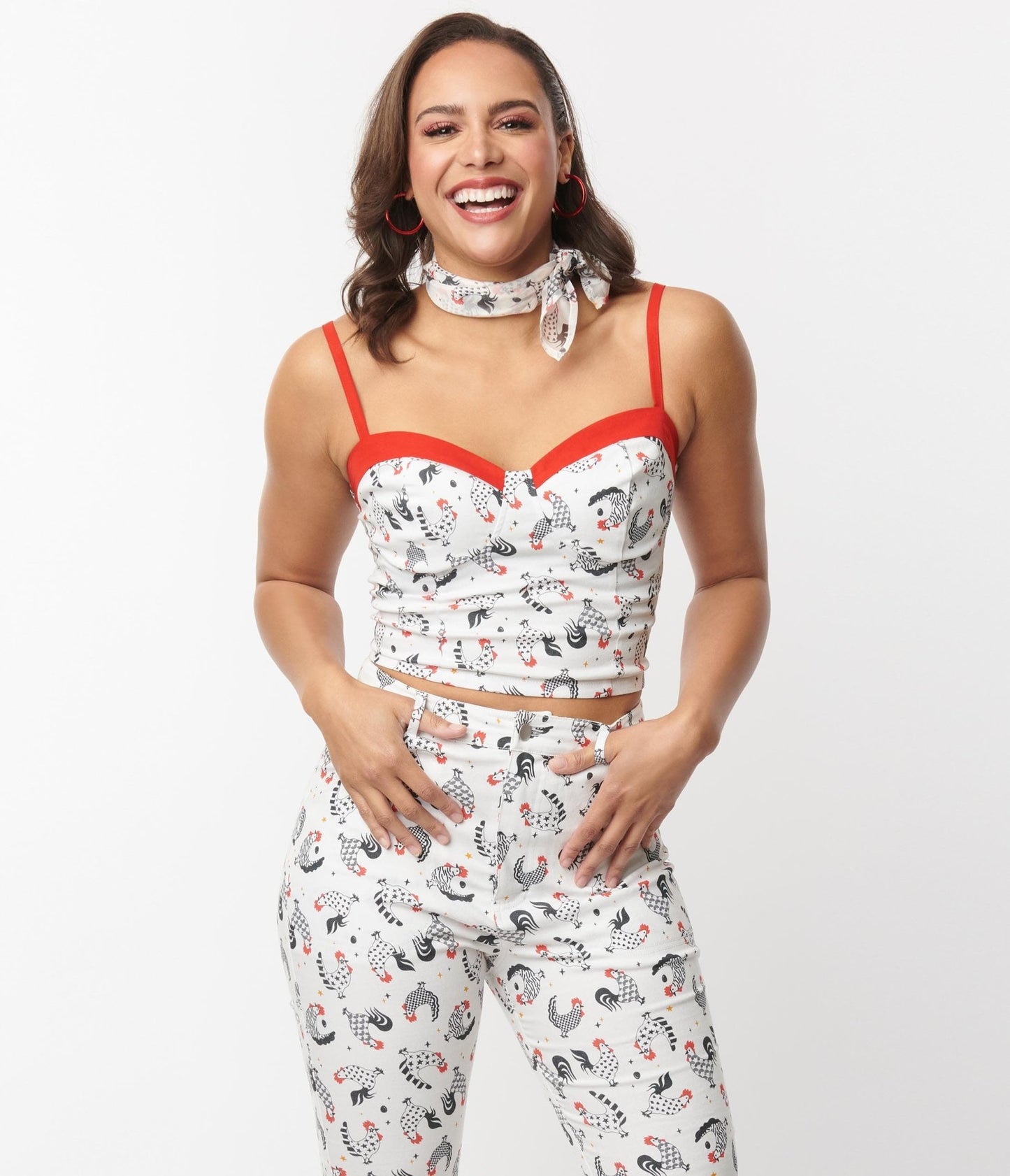 Unique Vintage Chicken Print & Red Contrast Crop Top - Unique Vintage - Womens, TOPS, WOVEN TOPS