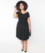 Unique Vintage Plus Size Black Shirred Swing Dress