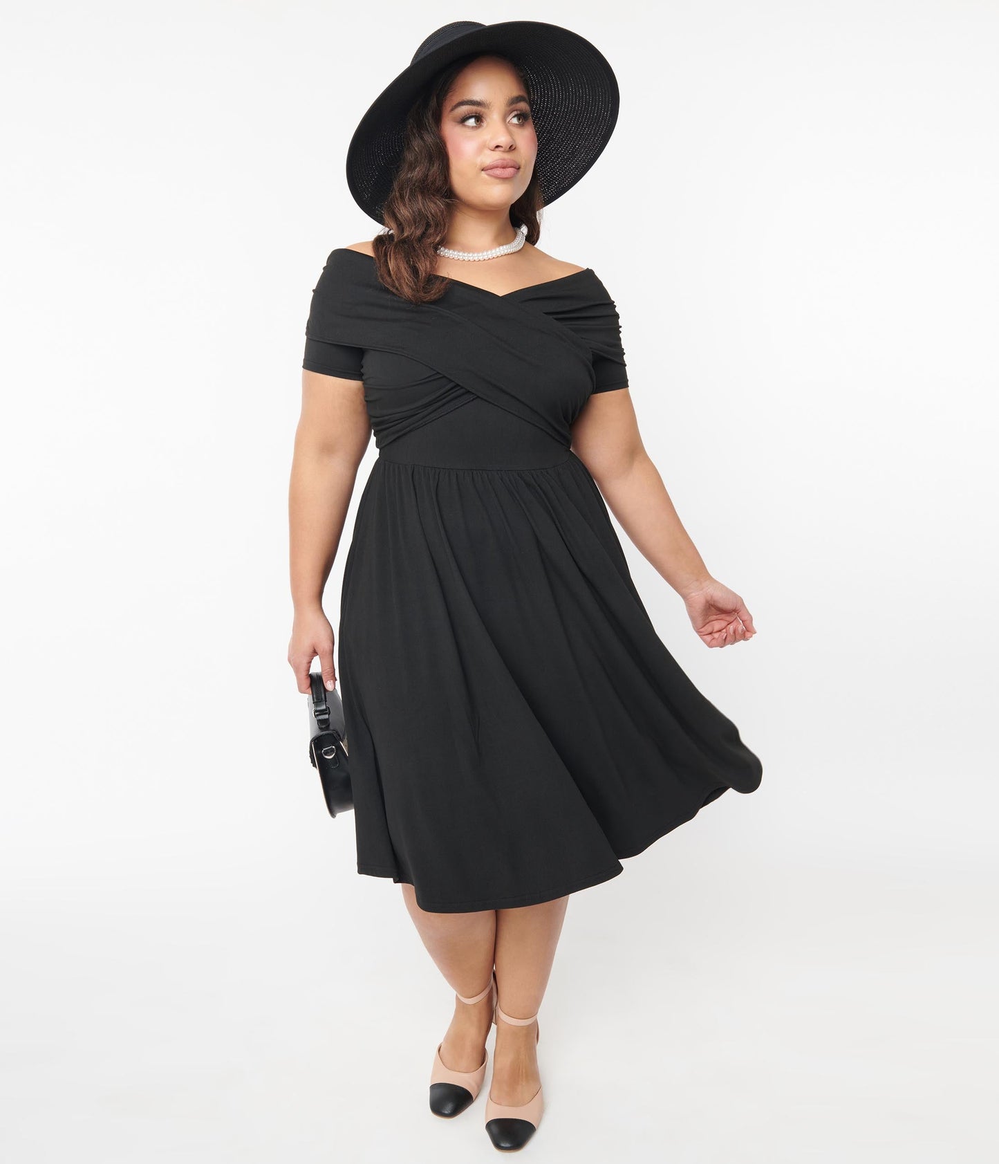 Unique Vintage Curve Black Shirred Swing Dress - Unique Vintage - Womens, DRESSES, SWING