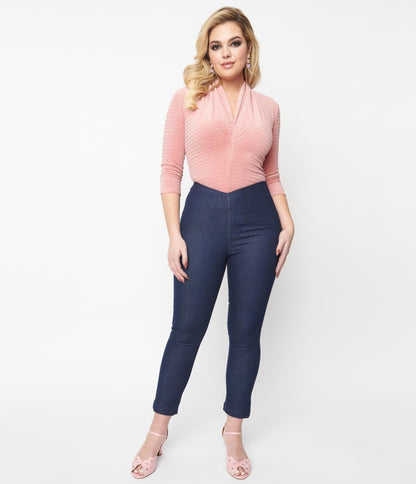Unique Vintage Dark Denim V-Waist Crop Pants - Unique Vintage - Womens, BOTTOMS, PANTS