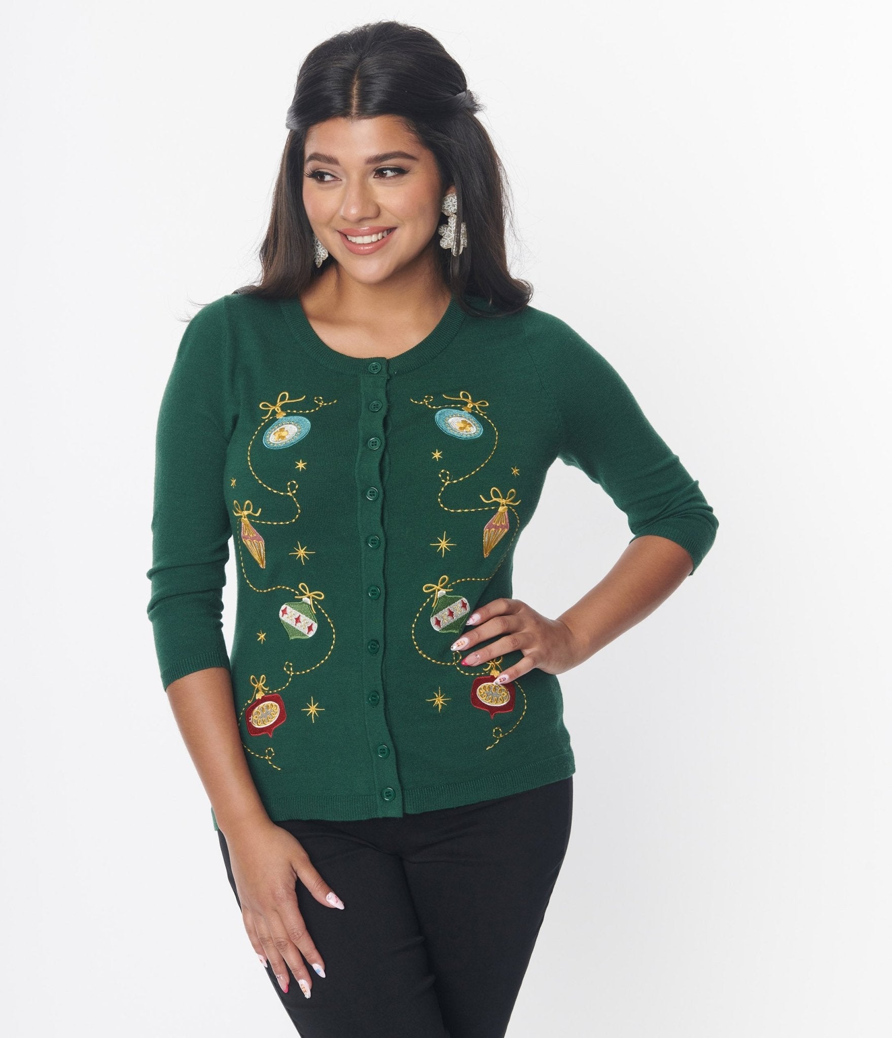 Unique Vintage Dark Green Ornament Embroidered Bookworm Cardigan
