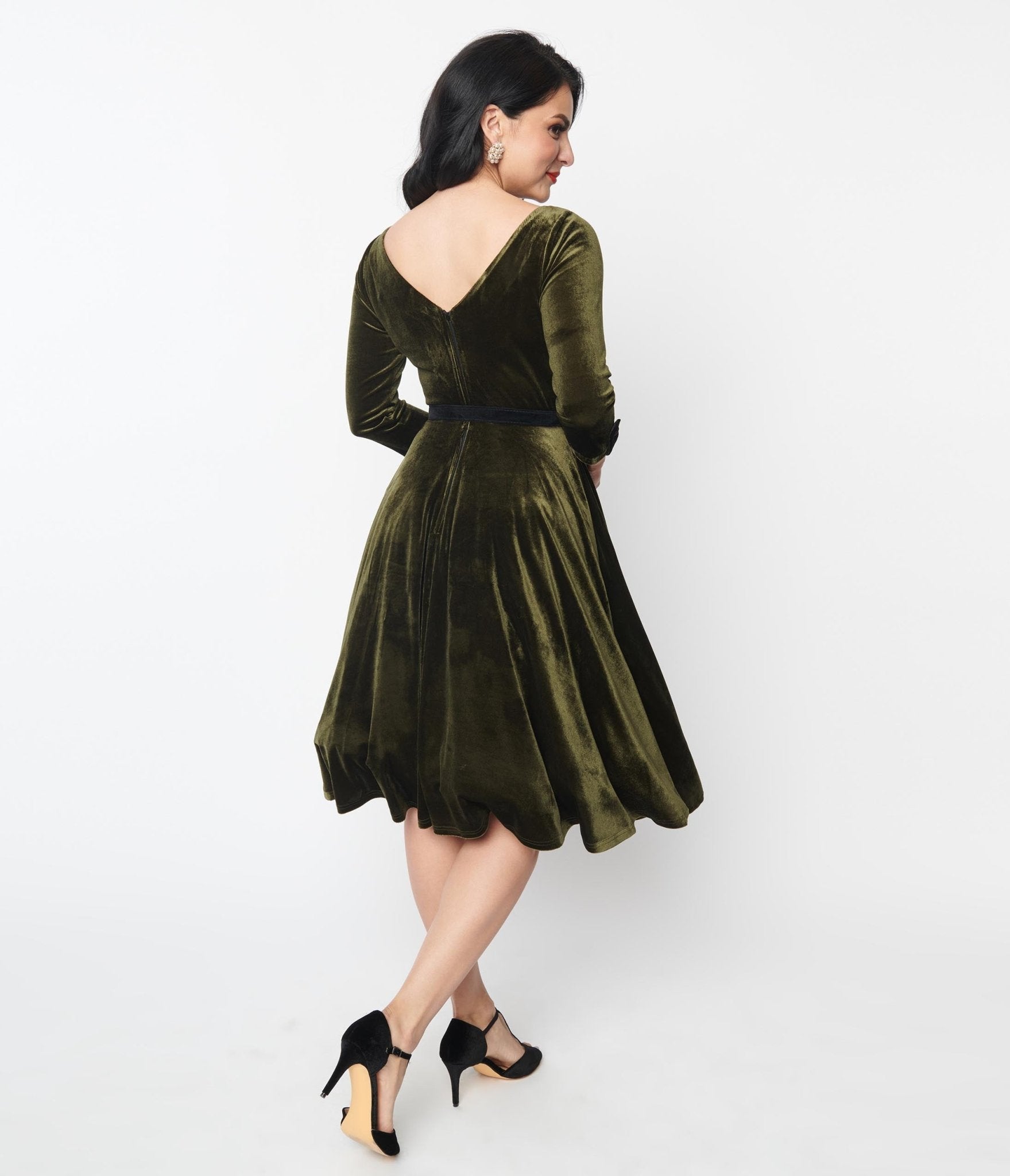vintage green velvet dress Unique Vintage Deep Olive Green Velvet Faux Bow Devon Swing Dress