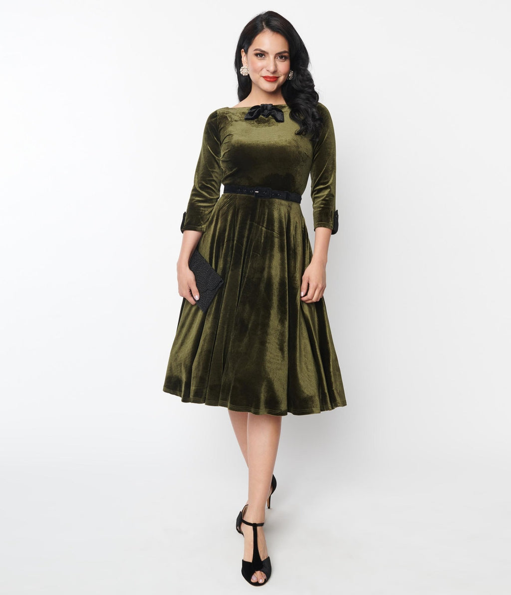 Unique Vintage Deep Olive Green Velvet Faux Bow Devon Swing Dress - Unique Vintage - Womens, DRESSES, SWING