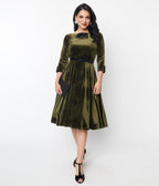 Unique Vintage Deep Olive Green Velvet Faux Bow Devon Swing Dress - Unique Vintage - Womens, DRESSES, SWING
