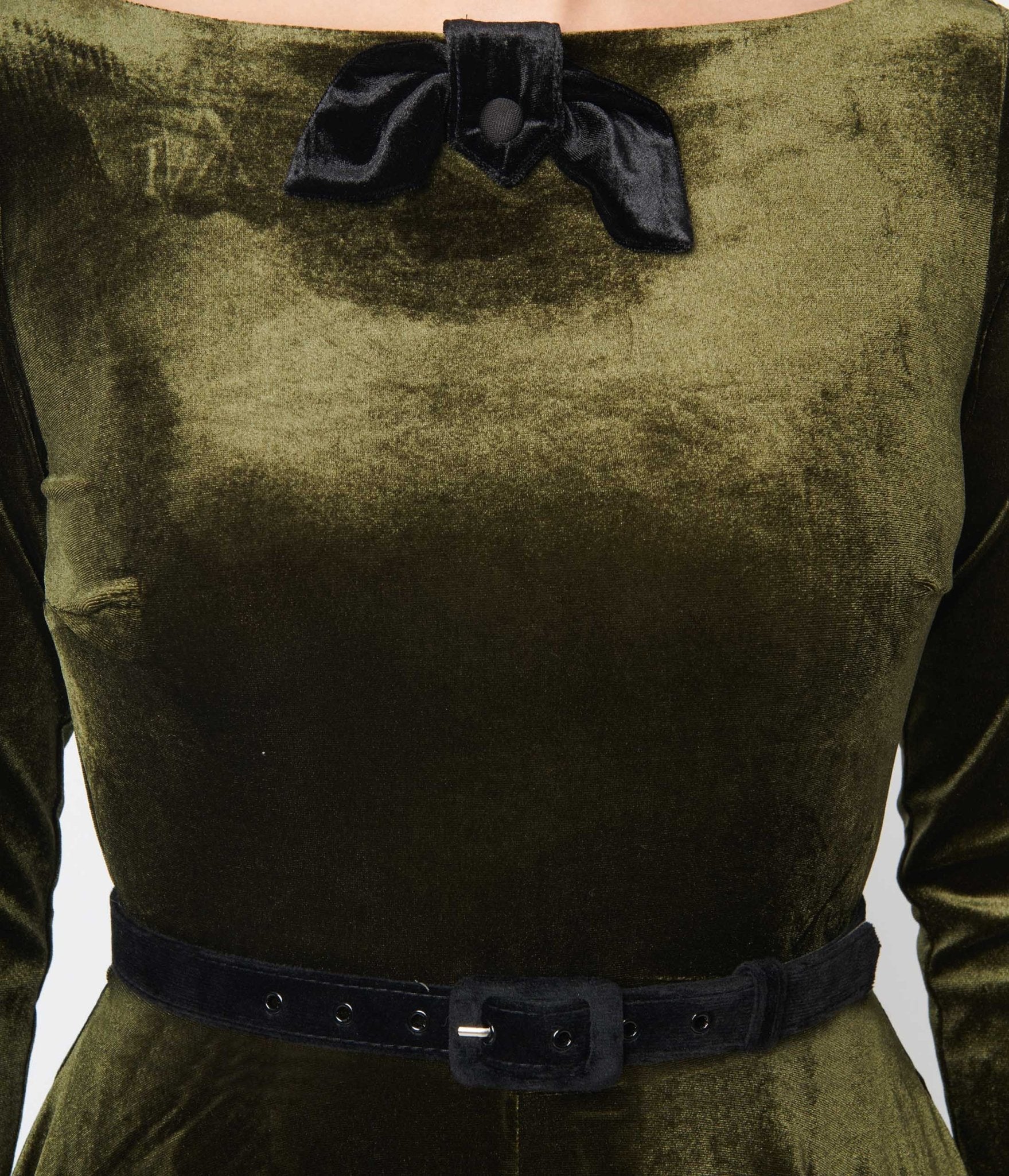 olive green velvet dress Unique Vintage Deep Olive Green Velvet Faux Bow Devon Swing Dress