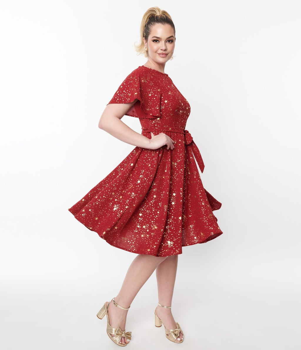 Unique Vintage Deep Red & Gold Star Swing Dress - Unique Vintage - Womens, DRESSES, SWING