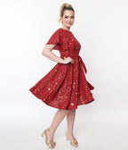 Unique Vintage Deep Red & Gold Star Swing Dress - Unique Vintage - Womens, DRESSES, SWING