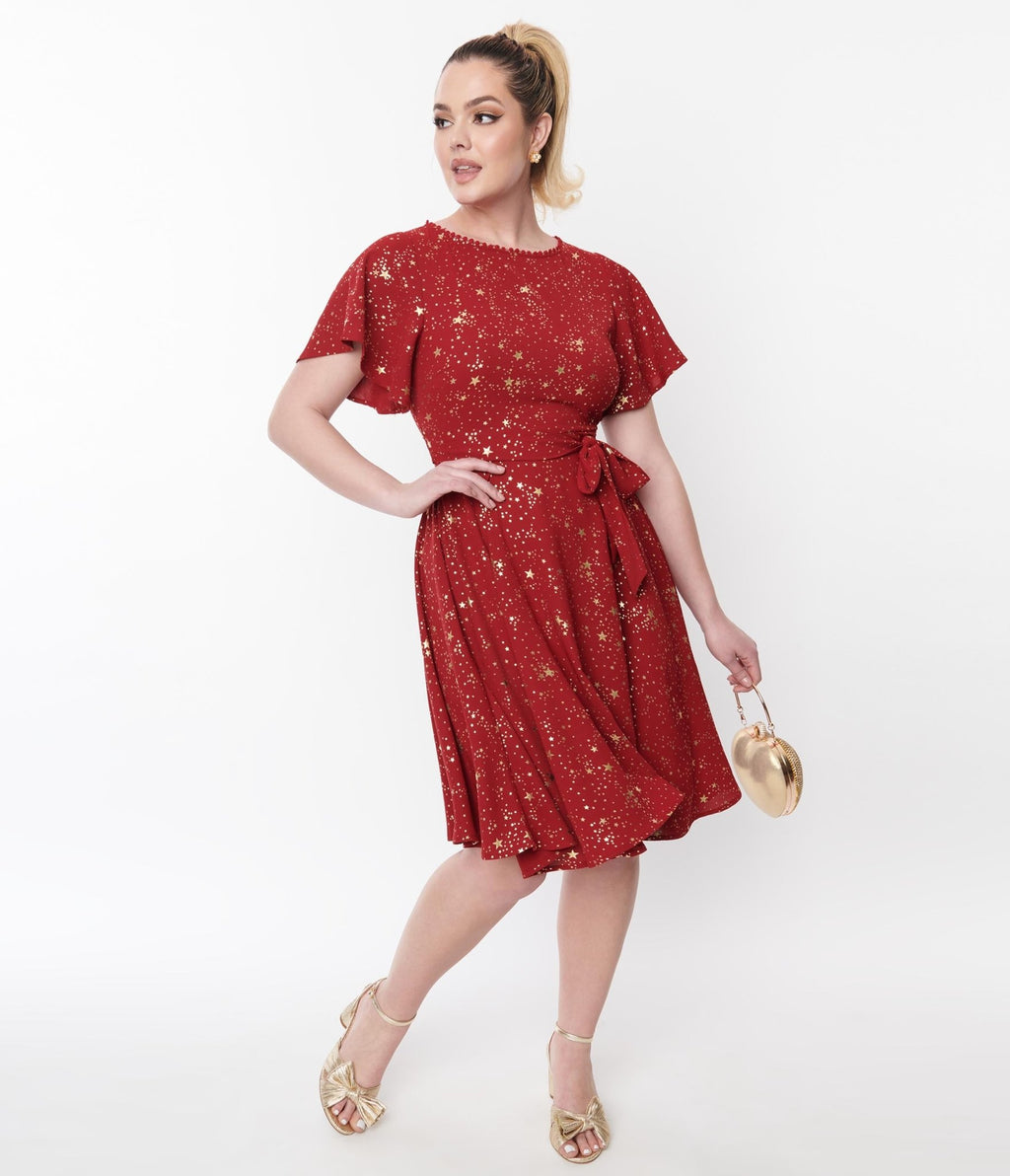 Unique Vintage Deep Red & Gold Star Swing Dress - Unique Vintage - Womens, DRESSES, SWING