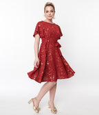Unique Vintage Deep Red & Gold Star Swing Dress - Unique Vintage - Womens, DRESSES, SWING