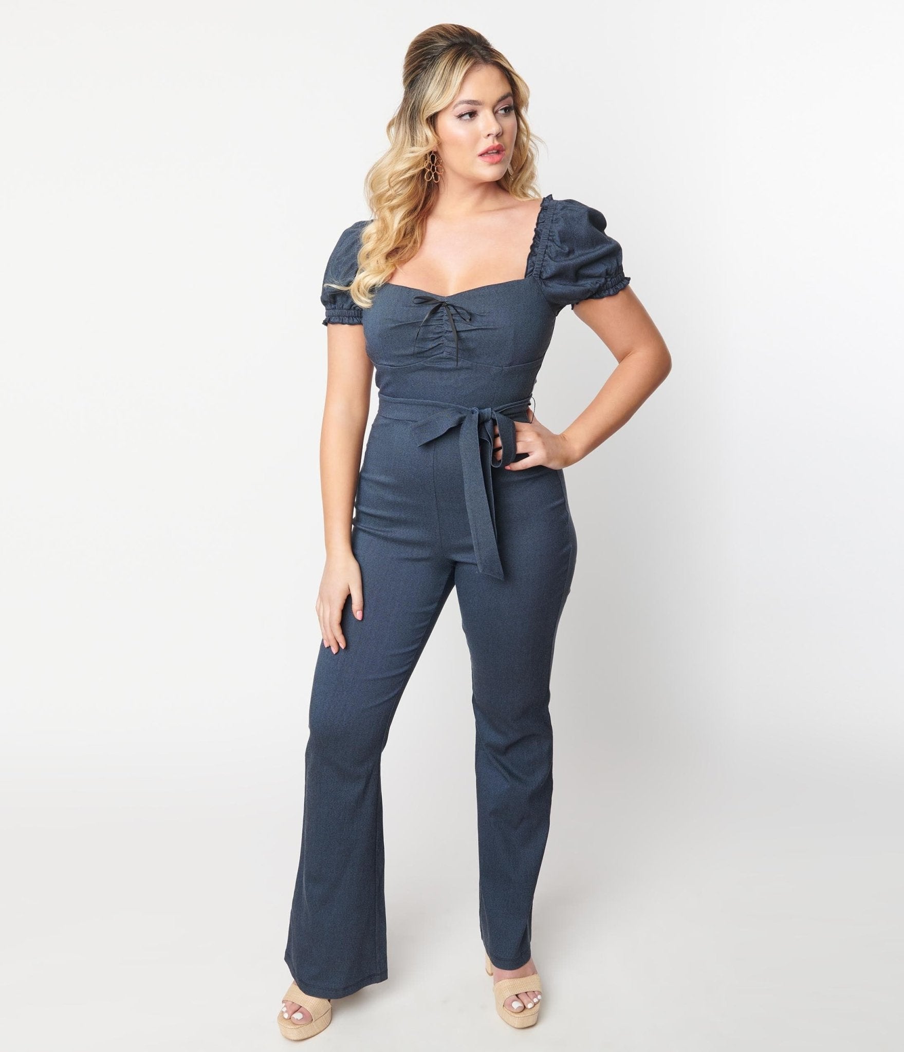 Retro & Vintage Unique Vintage Denim Bengaline Belted Jumpsuit | Unique  Vintage