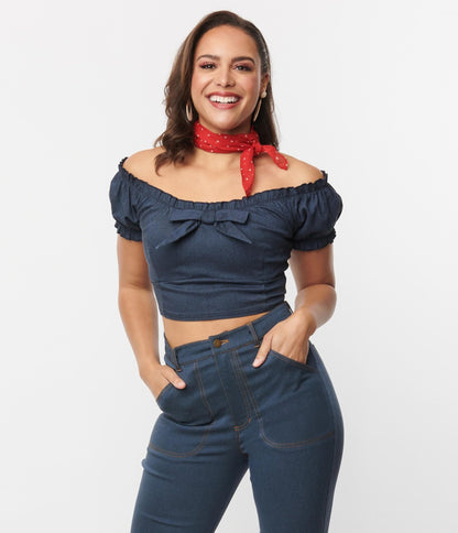 Unique Vintage Denim Puff Sleeve Off the Shoulder Crop Top - Unique Vintage - Womens, TOPS, WOVEN TOPS