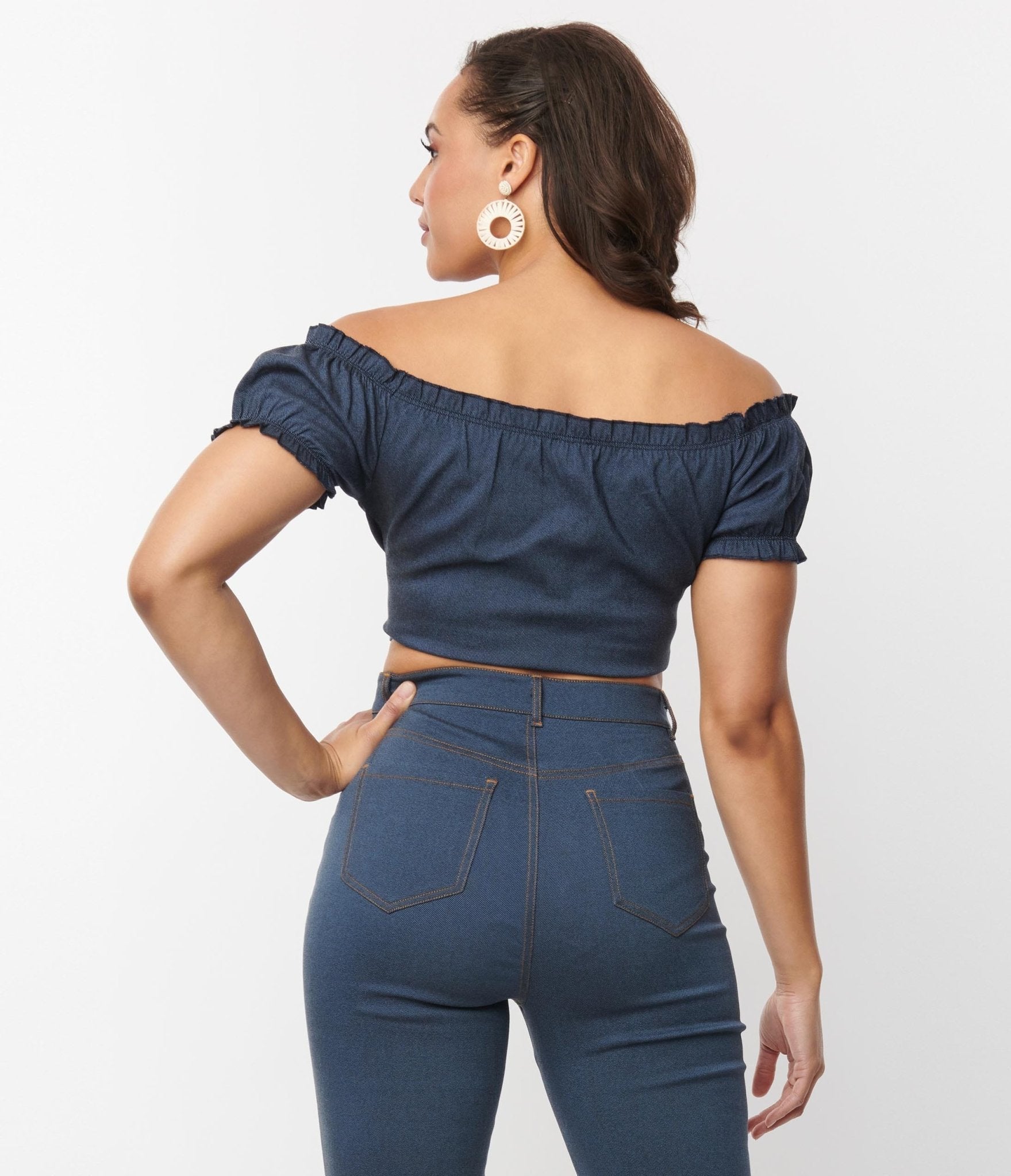 Unique Vintage Denim Puff Sleeve Off the Shoulder Crop Top - Unique Vintage - Womens, TOPS, WOVEN TOPS