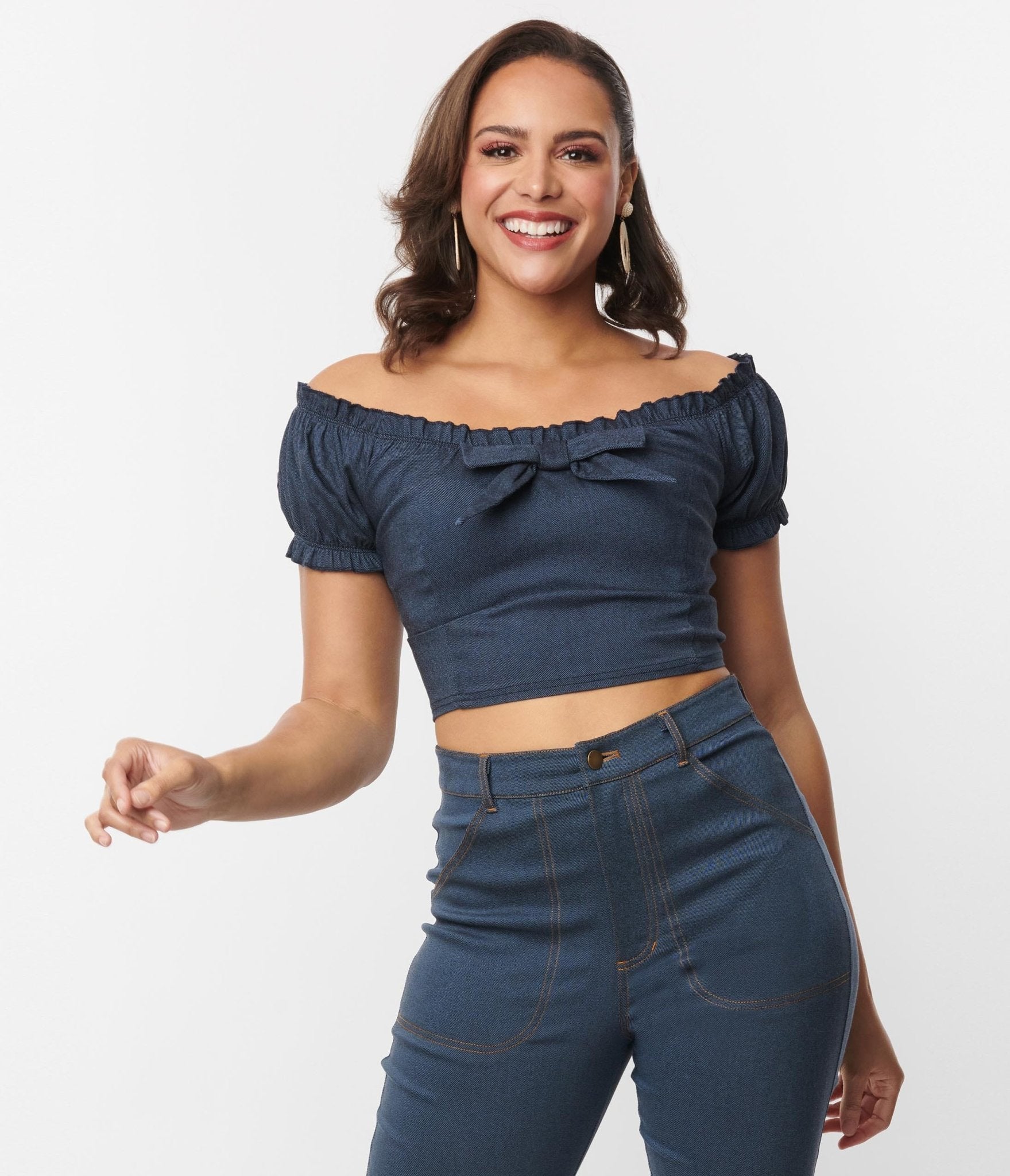 Unique Vintage Denim Puff Sleeve Off the Shoulder Crop Top - Unique Vintage - Womens, TOPS, WOVEN TOPS