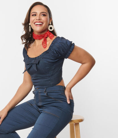 Unique Vintage Denim Puff Sleeve Off the Shoulder Crop Top - Unique Vintage - Womens, TOPS, WOVEN TOPS