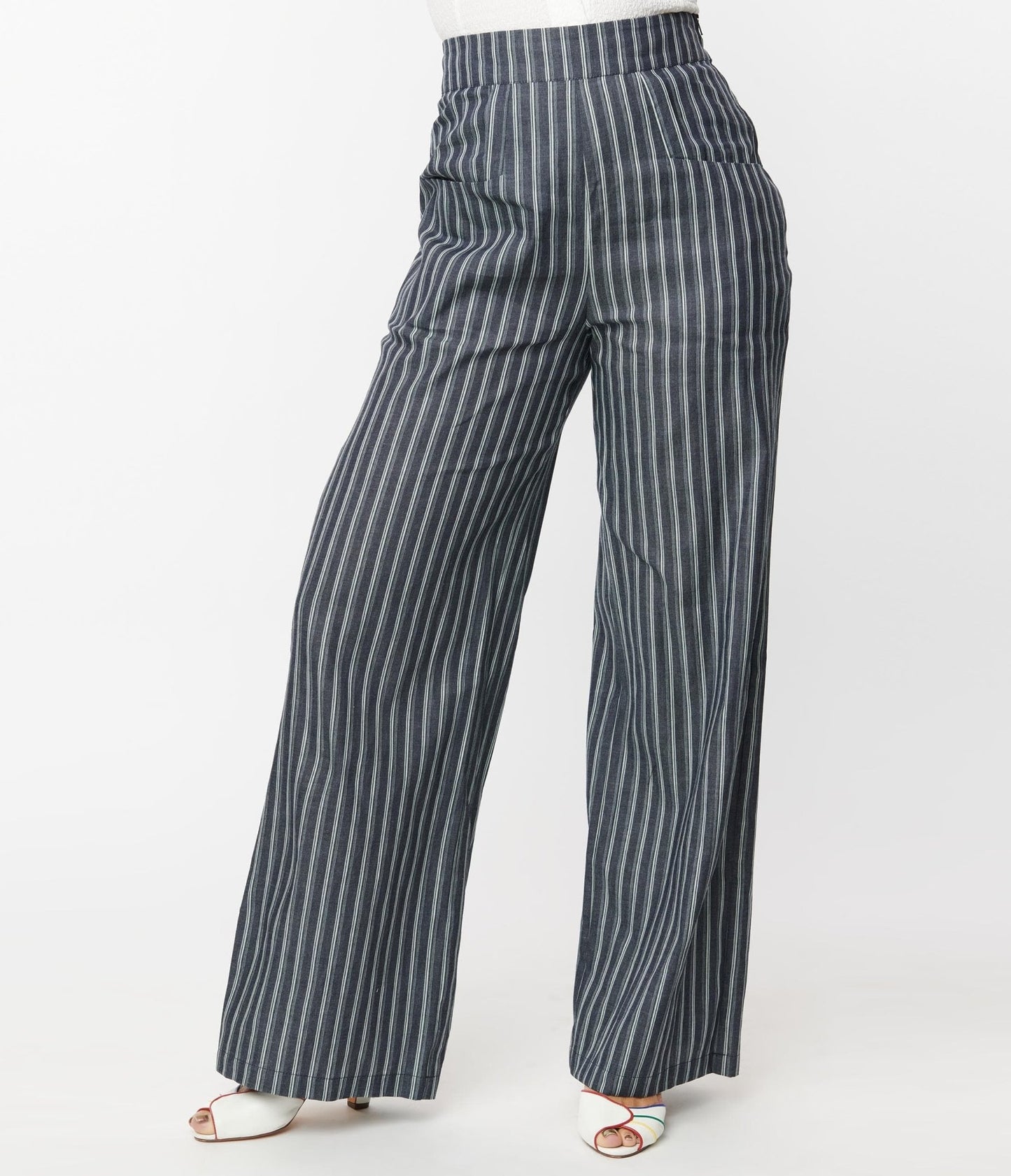 Unique Vintage Denim & White Stripe High Waist Sailor Ginger Pants - Unique Vintage - Womens, BOTTOMS, PANTS